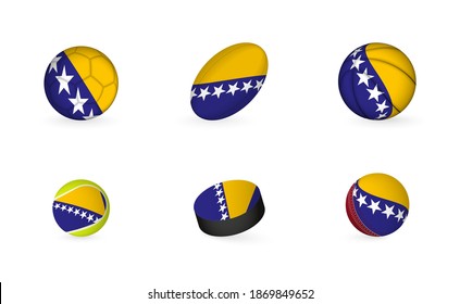 Sports equipment with flag of Bosnia and Herzegovina. Sports icon set of Football, Rugby, Basketball, Tennis, Hockey, Cricket.