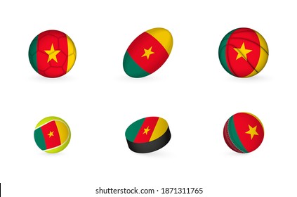 Sports equipment with flag of Cameroon. Sports icon set of Football, Rugby, Basketball, Tennis, Hockey, Cricket.