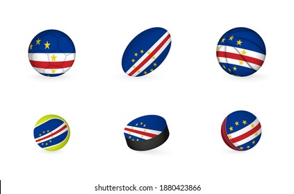 Sports equipment with flag of Cape Verde. Sports icon set of Football, Rugby, Basketball, Tennis, Hockey, Cricket.