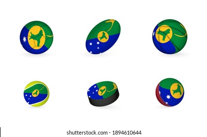 Sports equipment with flag of Christmas Island. Sports icon set of Football, Rugby, Basketball, Tennis, Hockey, Cricket.