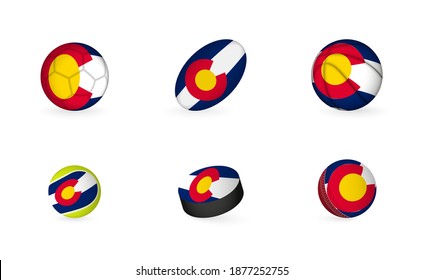 Sports equipment with flag of Colorado. Sports icon set of Football, Rugby, Basketball, Tennis, Hockey, Cricket.