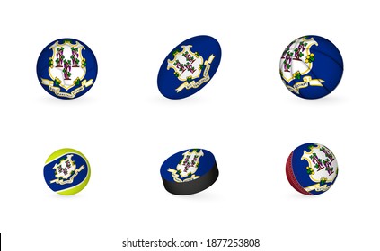 Sports equipment with flag of Connecticut. Sports icon set of Football, Rugby, Basketball, Tennis, Hockey, Cricket.