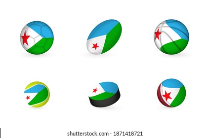 Sports equipment with flag of Djibouti. Sports icon set of Football, Rugby, Basketball, Tennis, Hockey, Cricket.