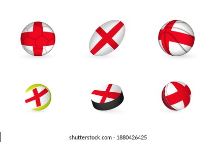 Sports equipment with flag of England. Sports icon set of Football, Rugby, Basketball, Tennis, Hockey, Cricket.