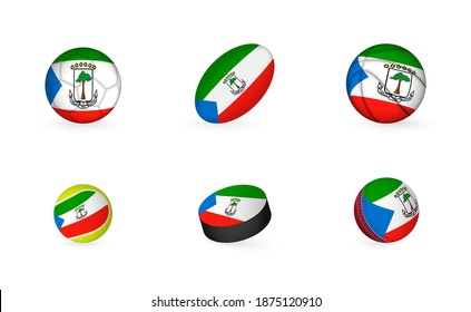 Sports equipment with flag of Equatorial Guinea. Sports icon set of Football, Rugby, Basketball, Tennis, Hockey, Cricket.