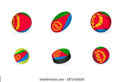 Sports equipment with flag of Eritrea. Sports icon set of Football, Rugby, Basketball, Tennis, Hockey, Cricket.
