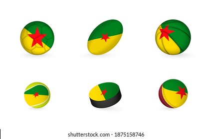 Sports equipment with flag of French Guiana. Sports icon set of Football, Rugby, Basketball, Tennis, Hockey, Cricket.