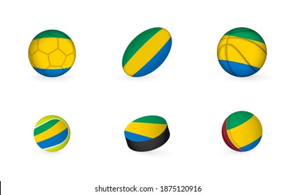 Sports equipment with flag of Gabon. Sports icon set of Football, Rugby, Basketball, Tennis, Hockey, Cricket.