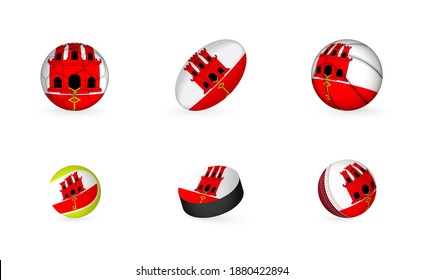 Sports equipment with flag of Gibraltar. Sports icon set of Football, Rugby, Basketball, Tennis, Hockey, Cricket.