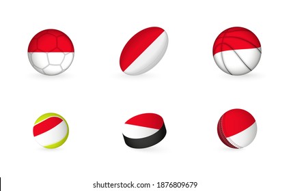 Sports equipment with flag of Indonesia. Sports icon set of Football, Rugby, Basketball, Tennis, Hockey, Cricket.