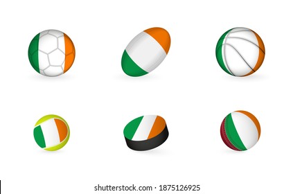 Sports equipment with flag of Ireland. Sports icon set of Football, Rugby, Basketball, Tennis, Hockey, Cricket.