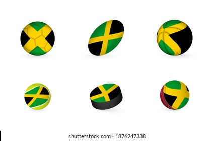 Sports equipment with flag of Jamaica. Sports icon set of Football, Rugby, Basketball, Tennis, Hockey, Cricket.