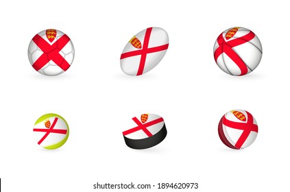 Sports equipment with flag of Jersey. Sports icon set of Football, Rugby, Basketball, Tennis, Hockey, Cricket.
