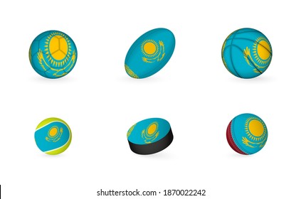Sports equipment with flag of Kazakhstan. Sports icon set of Football, Rugby, Basketball, Tennis, Hockey, Cricket.