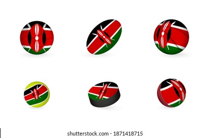 Sports equipment with flag of Kenya. Sports icon set of Football, Rugby, Basketball, Tennis, Hockey, Cricket.