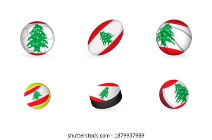 Sports equipment with flag of Lebanon. Sports icon set of Football, Rugby, Basketball, Tennis, Hockey, Cricket.