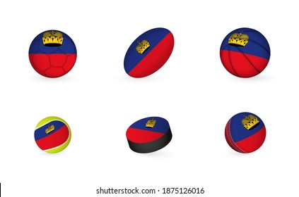 Sports equipment with flag of Liechtenstein. Sports icon set of Football, Rugby, Basketball, Tennis, Hockey, Cricket.