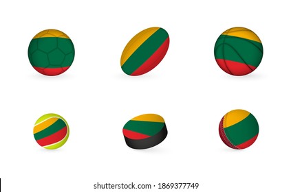 Sports equipment with flag of Lithuania. Sports icon set of Football, Rugby, Basketball, Tennis, Hockey, Cricket.