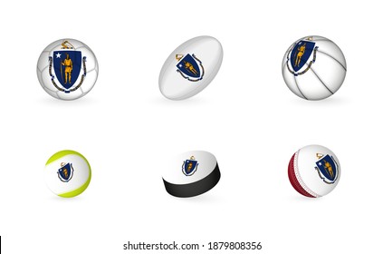 Sports equipment with flag of Massachusetts. Sports icon set of Football, Rugby, Basketball, Tennis, Hockey, Cricket.