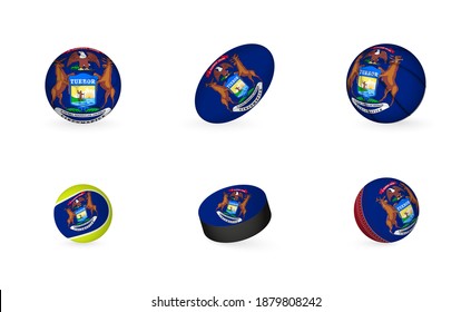 Sports equipment with flag of Michigan. Sports icon set of Football, Rugby, Basketball, Tennis, Hockey, Cricket.