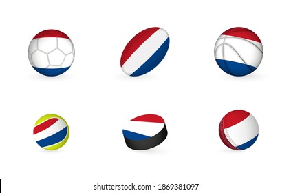 Sports equipment with flag of Netherlands. Sports icon set of Football, Rugby, Basketball, Tennis, Hockey, Cricket.