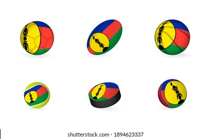 Sports equipment with flag of New Caledonia. Sports icon set of Football, Rugby, Basketball, Tennis, Hockey, Cricket.