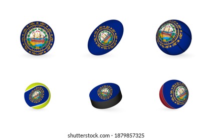 Sports equipment with flag of New Hampshire. Sports icon set of Football, Rugby, Basketball, Tennis, Hockey, Cricket.