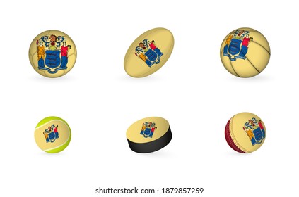 Sports equipment with flag of New Jersey. Sports icon set of Football, Rugby, Basketball, Tennis, Hockey, Cricket.