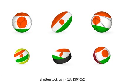 Sports equipment with flag of Niger. Sports icon set of Football, Rugby, Basketball, Tennis, Hockey, Cricket.