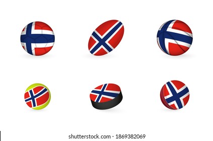 Equipamiento deportivo con bandera de Noruega. Icono deportivo de fútbol, rugby, baloncesto, tenis, hockey, cricket.