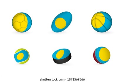 Sports equipment with flag of Palau. Sports icon set of Football, Rugby, Basketball, Tennis, Hockey, Cricket.