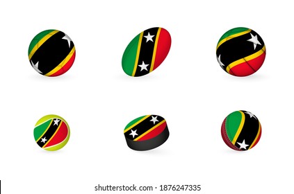 Sports equipment with flag of Saint Kitts and Nevis. Sports icon set of Football, Rugby, Basketball, Tennis, Hockey, Cricket.