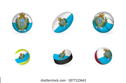 Sports equipment with flag of San Marino. Sports icon set of Football, Rugby, Basketball, Tennis, Hockey, Cricket.