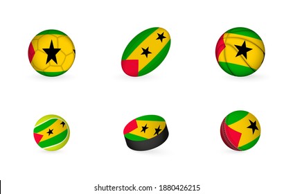 Sports equipment with flag of Sao Tome and Principe. Sports icon set of Football, Rugby, Basketball, Tennis, Hockey, Cricket.