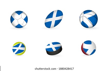 Sports equipment with flag of Scotland. Sports icon set of Football, Rugby, Basketball, Tennis, Hockey, Cricket.