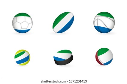 Sports equipment with flag of Sierra Leone. Sports icon set of Football, Rugby, Basketball, Tennis, Hockey, Cricket.