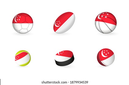 Sports equipment with flag of Singapore. Sports icon set of Football, Rugby, Basketball, Tennis, Hockey, Cricket.
