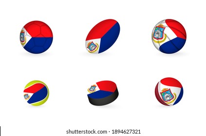 Sports equipment with flag of Sint Maarten. Sports icon set of Football, Rugby, Basketball, Tennis, Hockey, Cricket.