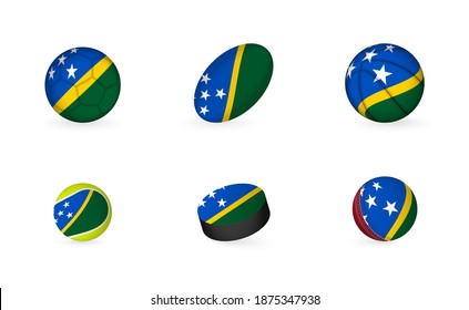 Sports equipment with flag of Solomon Islands. Sports icon set of Football, Rugby, Basketball, Tennis, Hockey, Cricket.