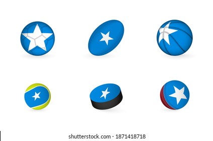 Sports equipment with flag of Somalia. Sports icon set of Football, Rugby, Basketball, Tennis, Hockey, Cricket.