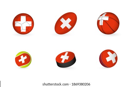 Sports equipment with flag of Switzerland. Sports icon set of Football, Rugby, Basketball, Tennis, Hockey, Cricket.