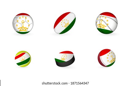 Sports Equipment With Flag Of Tajikistan. Sports Icon Set Of Football, Rugby, Basketball, Tennis, Hockey, Cricket.