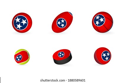 Sports equipment with flag of Tennessee. Sports icon set of Football, Rugby, Basketball, Tennis, Hockey, Cricket.