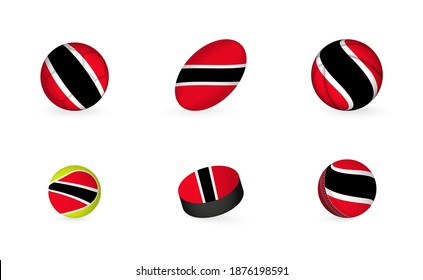 Sports Equipment With Flag Of Trinidad And Tobago. Sports Icon Set Of Football, Rugby, Basketball, Tennis, Hockey, Cricket.