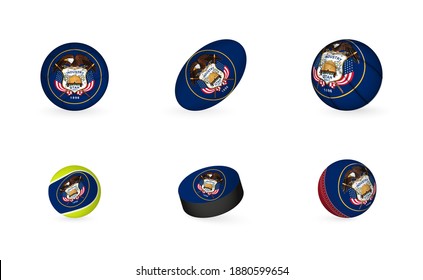 Sports equipment with flag of Utah. Sports icon set of Football, Rugby, Basketball, Tennis, Hockey, Cricket.
