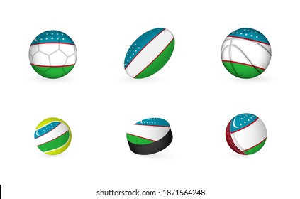 Sports equipment with flag of Uzbekistan. Sports icon set of Football, Rugby, Basketball, Tennis, Hockey, Cricket.