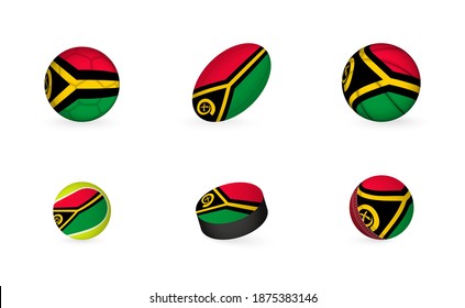 Sports Equipment With Flag Of Vanuatu. Sports Icon Set Of Football, Rugby, Basketball, Tennis, Hockey, Cricket.