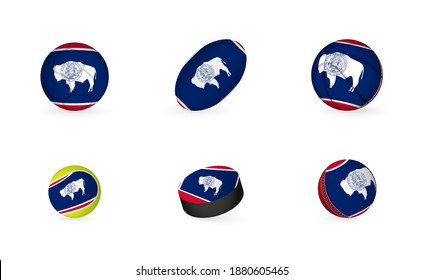 Sports equipment with flag of Wyoming. Sports icon set of Football, Rugby, Basketball, Tennis, Hockey, Cricket.