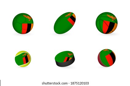 Sports equipment with flag of Zambia. Sports icon set of Football, Rugby, Basketball, Tennis, Hockey, Cricket.