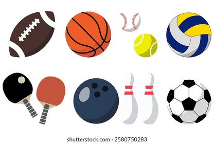 Sports Equipment, Flat Icons Display Banner, Objects, Recreation and Leisure on White Background